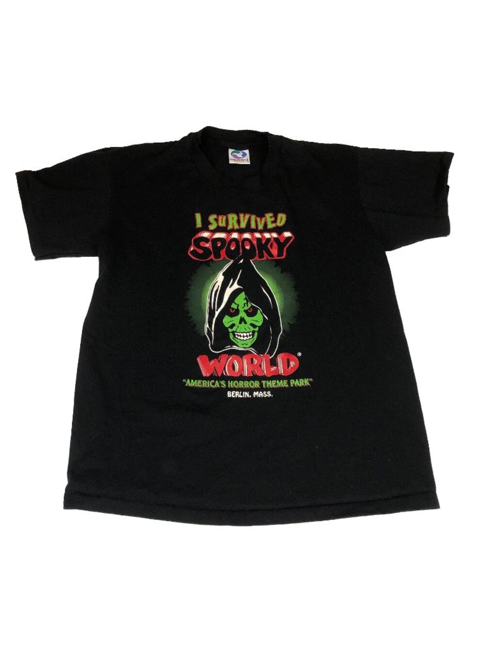 Vintage Liquid Blue Spooky World T-Shirt Horror Halloween Theme Park Berlin MA